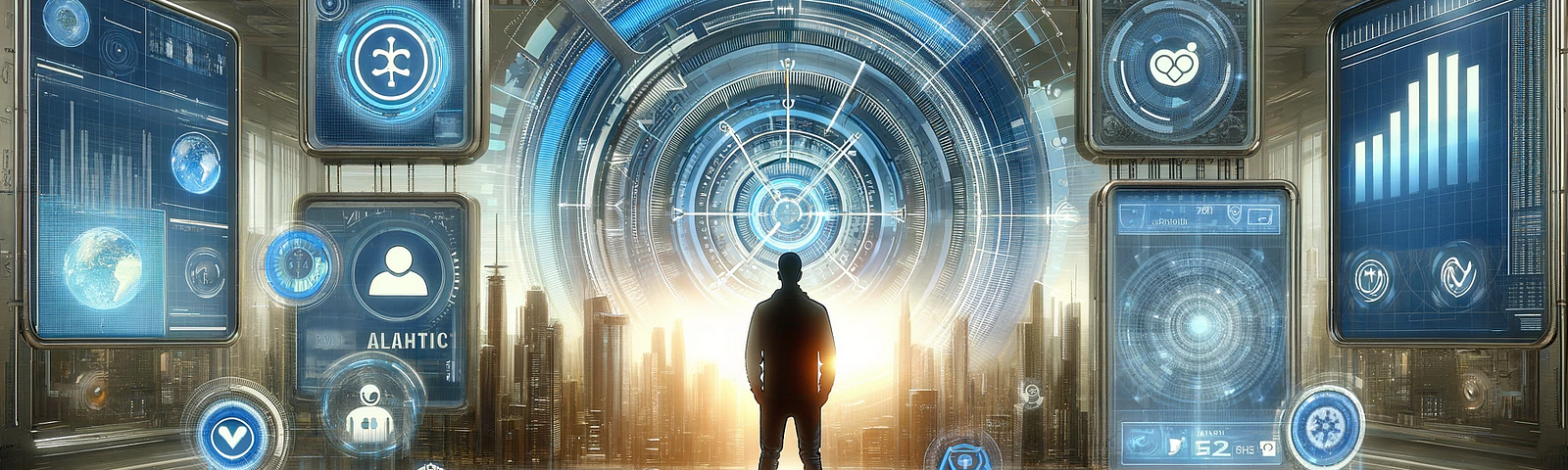 “A widescreen image depicting a less prominent white male digital marketer in a futuristic setting. The background is filled with high-tech screens displaying various aspects of digital media, including data analytics, social media icons, and digital data streams.