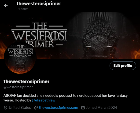 A screenshot of The Westerosi Primer X/Twitter account