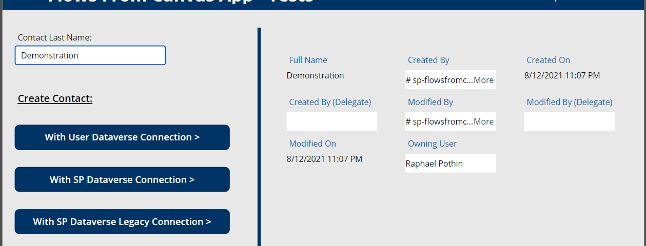 Canvas app for the tests of data creation with cloud flows