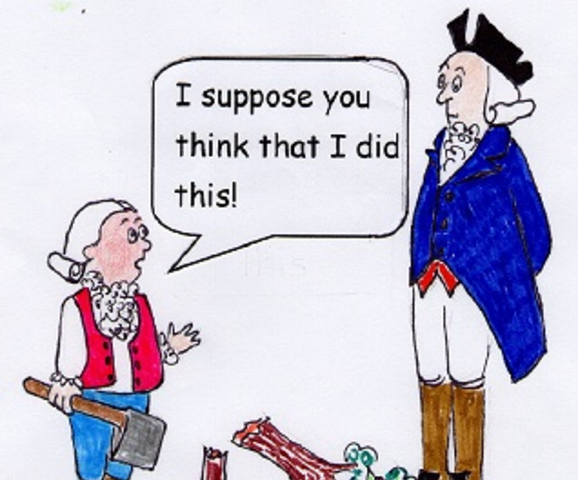 cartoon of George Washington and his dad with cherry tree. Caption “I suppose you think I did this”