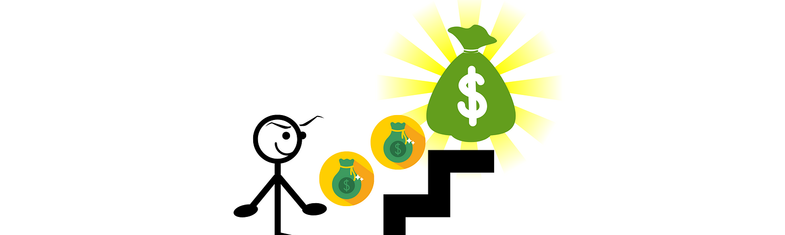 A happy stickman walks on a stairway to a bag of dollars