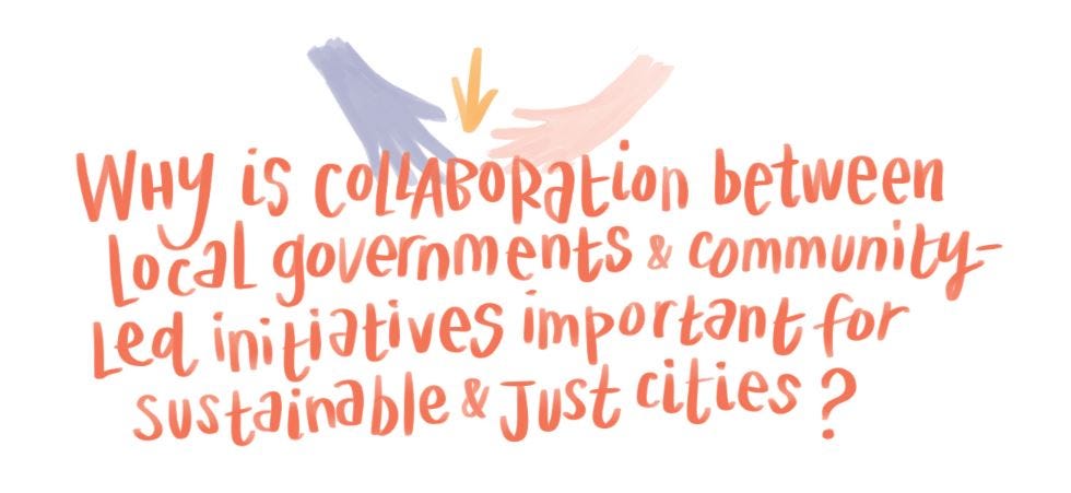 Water colour-style writing that says: “Why is collaboration between local governments & community-led initiatives important for sustainable & just cities?”