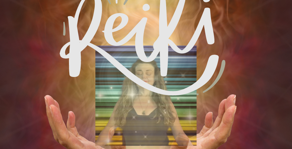 outstretched hands, like a lotus, holding image of Leah sitting in meditation, with word Reiki above