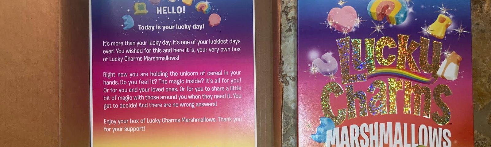 A Lucky Charms Marshmallows box and accompanying letter