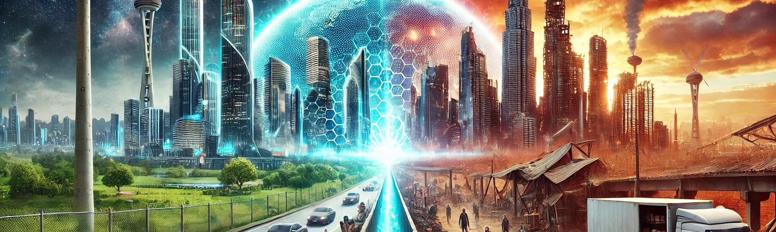 A dystopian digital painting of a city split between extreme wealth and poverty. On the left, a utopian skyline with futuristic skyscrapers, luxury cars and a livable world. On the right, factories spew toxic smoke in a landscape without any green life. People scrape by barely surviving in a desolate land.