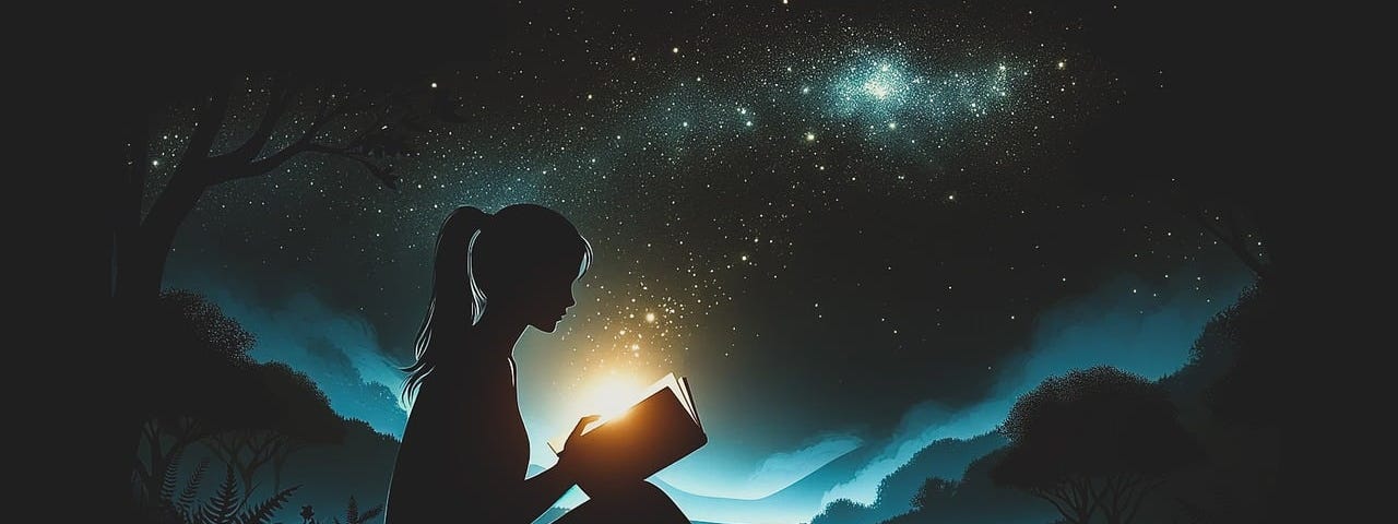 A woman reading a book and magic stars are pouring off the glowing pages.