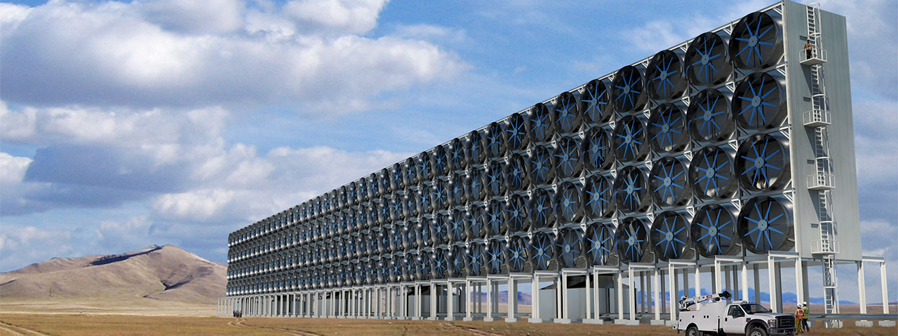 Approximately 120 stacked fans of roughly diameter 2m, situated in a desert used in the direct air capture of CO2