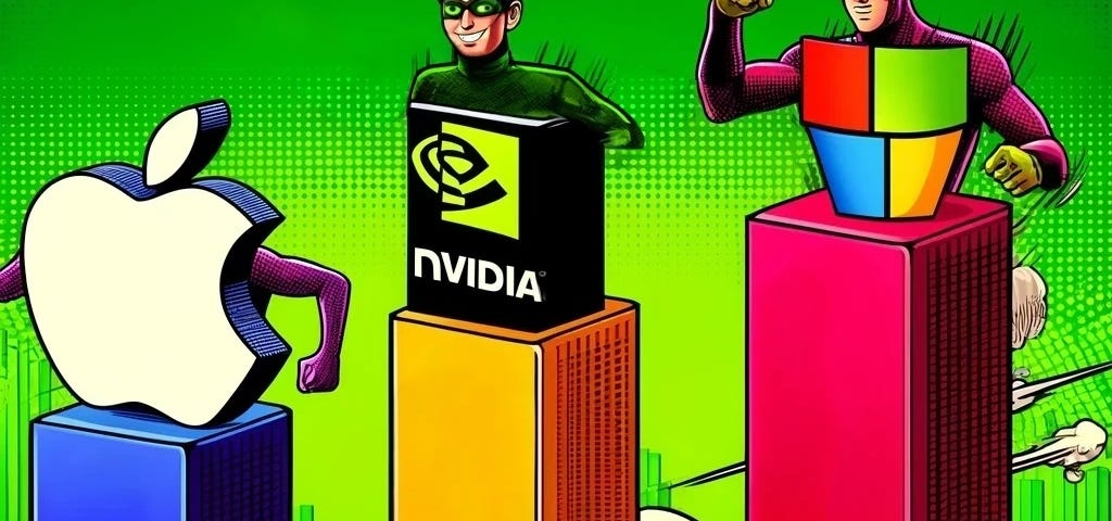 IMAGE: A comic-style 3D bar graph illustrating the valuations of Apple, Nvidia, and Microsoft, with each company’s logo on their respective bars. The bars are dynamically arranged to appear as if they are rallying to overtake each other, creating a vibrant and engaging visual representation