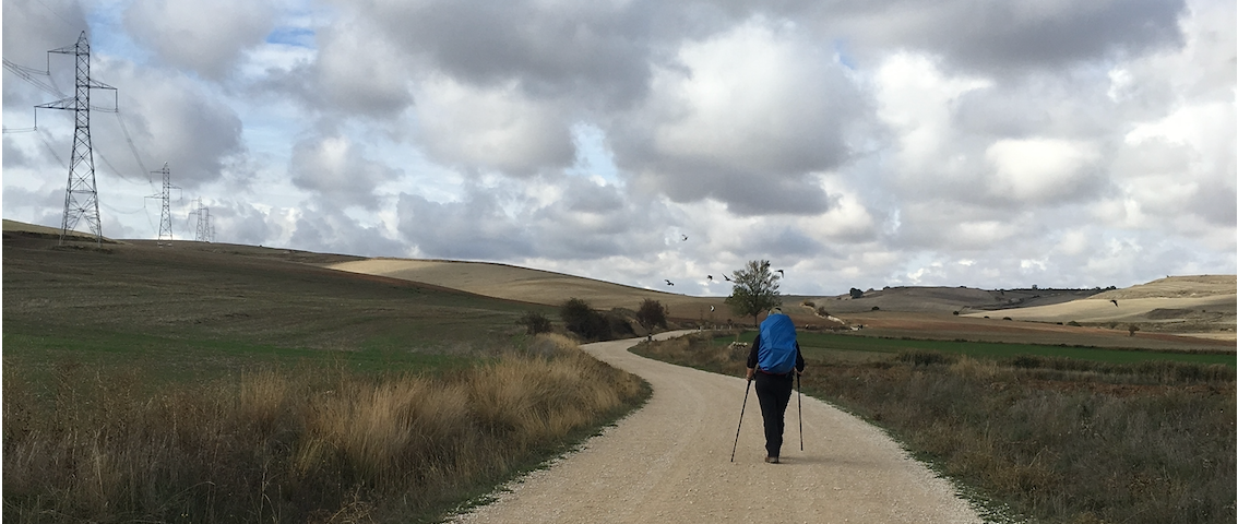 walker on Camino de Santiago, a long dirt road with puffy clouds in a blue sky