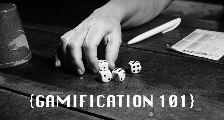 Cover image with GAMIFICATION 101 written on it. (A picture of human hand rolling some dies on the table)