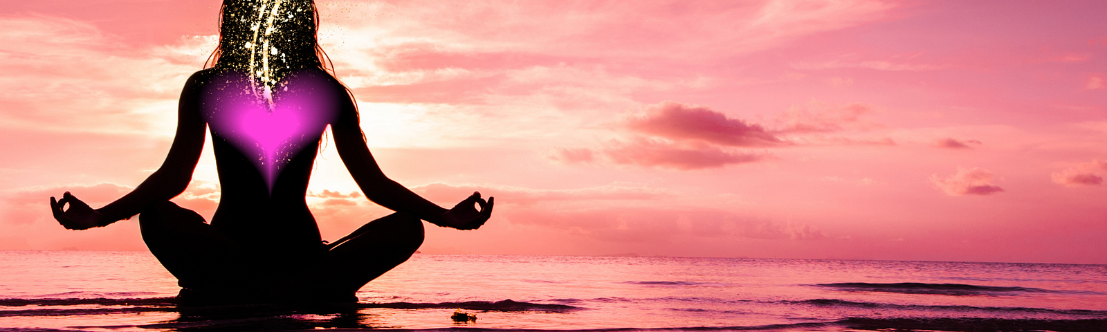 red sunset background with silhouette of woman meditating at a beach. Gold sparkles float up from her heart, which is a glowy pink, into the heavens. Words in yellow gold on right: Spirituality of Creative Inspiration.