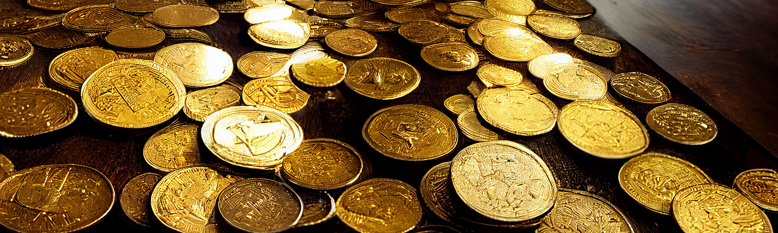 Pile of gold coins on a wooden table