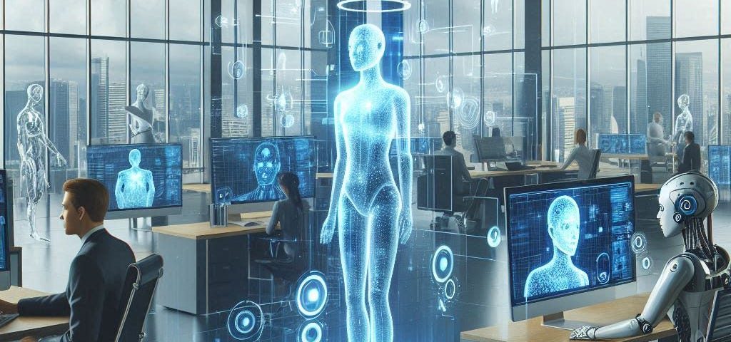 An illustration of a modern office environment where AI assistants represented by holographic figures and sleek robots work alongside human employee