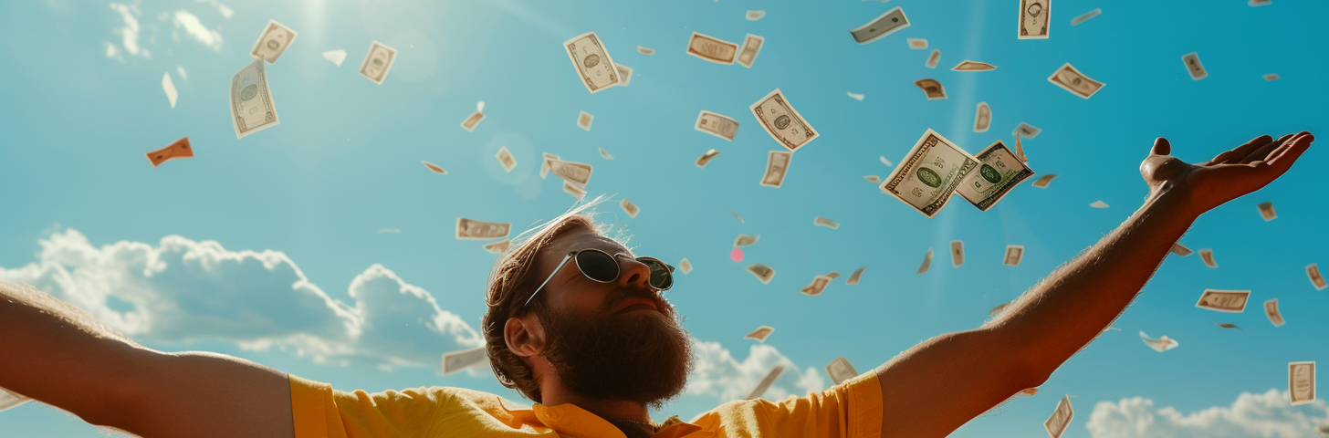 How I Made $5,505 in Crypto DeFi Passive Income. Photo of a young man with beard and glasses, sitting on a chair relaxing, watching money flying from the sky , AI image generated on MidJourney V6 by Henrique Centieiro and Bee Lee.