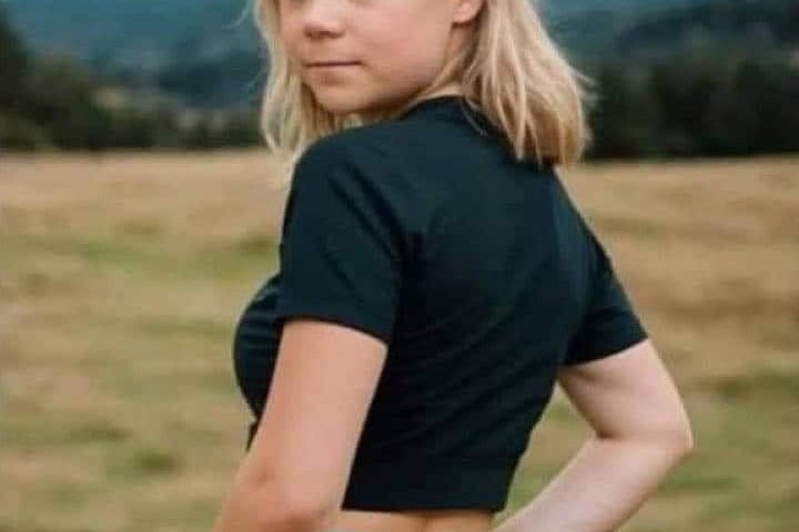 This is a controversial, arguably sexist and potentially harmful image of Greta Thunberg pasted on to the body of, presumably a woman in tight leggings adopting a provocative, sexualised pose.