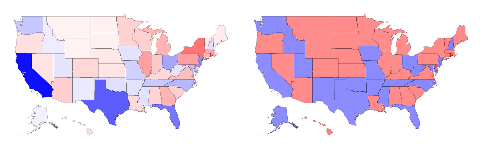 Two maps of the United States. The left one has California, Texas, Florida, and other large states colored darkly.