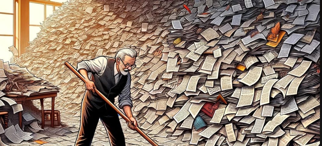 An image of an older man using a broom to sweep up a large number of papers on the floor. Some pieces have many typed words, some have only a few, some have drawings and typed words.