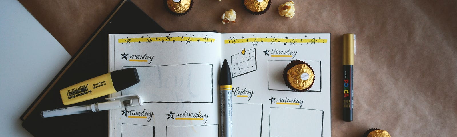 A bullet journal weekly spread lays open. It has a star theme- a star border, constellation drawing, and a star before each day of the week. There is a quote that says, “Look how they shine for you” and everything is underlined in yellow.
