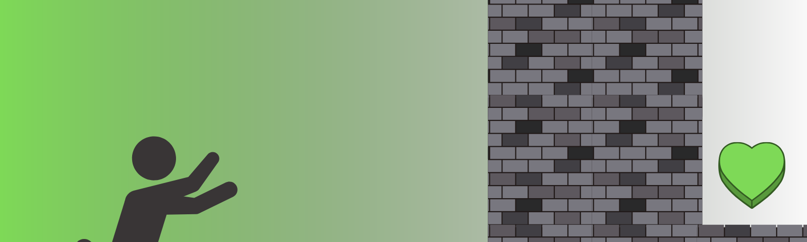 Simple illustration of stick figure running towards a brick wall with a heart behind it in green, black, gray, and white aromantic flag colors