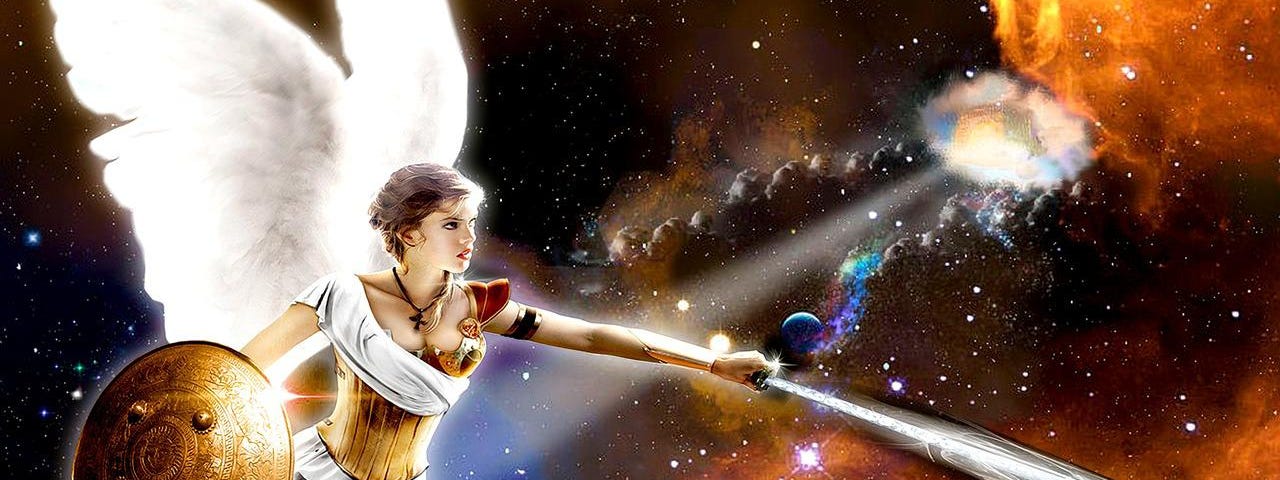 A warrior woman dressed in white, amidst a fight in the cosmos, white sword, gokden shield and white wings, aiding her in setting the universe on fire throyghout the battle.