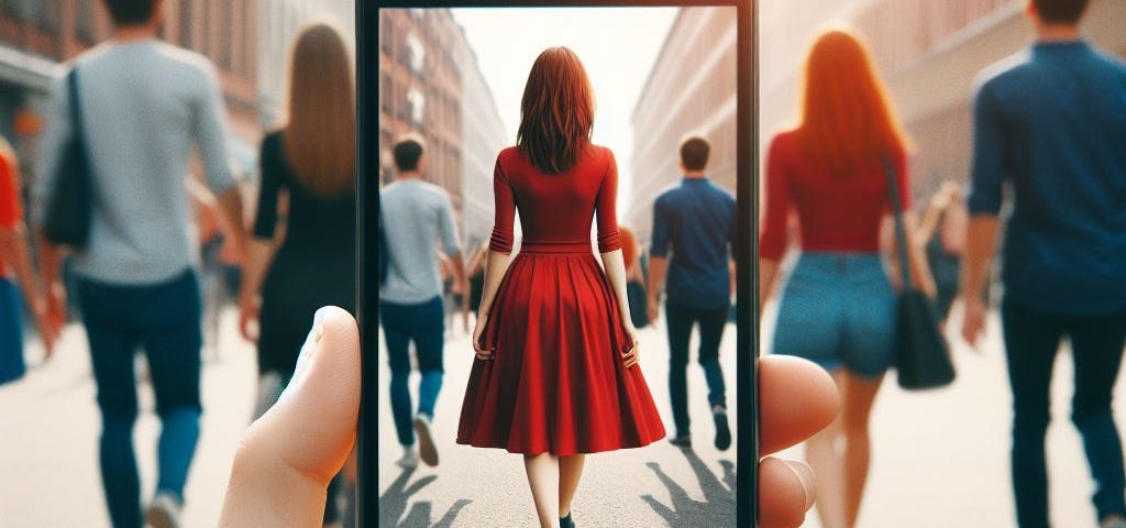 Computer generated image of a woman walking in a group, and a cellphone closer to the reader with an image of the same woman