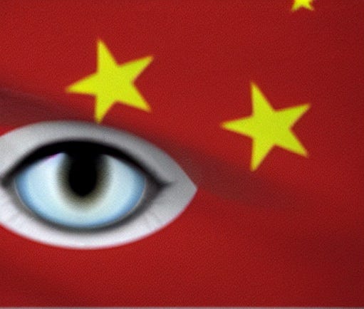 IMAGE: A prying eye emerging from a Chinese flag, as portrayed by the Stable Diffusion algorithm