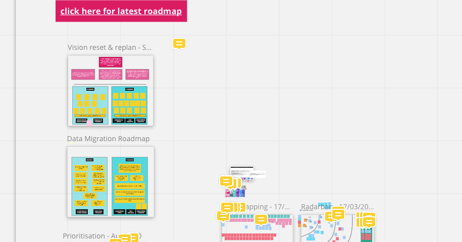 screenshot of a messy Miro board with lots of old iterations of roadmaps. Different formats are shown, including now and next columns, a value vs effort grid, and a radarban (a now/next/later model with concentric quarter-circles instead of columns). There is a bright pink box at the top linking to the latest roadmap, which lives in a spreadsheet.