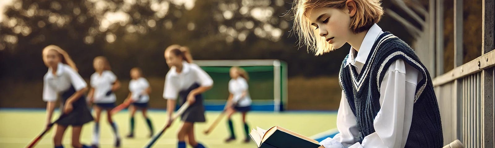 A young schoolgirl sits on the sidelines reading a book while her classmates play hockey