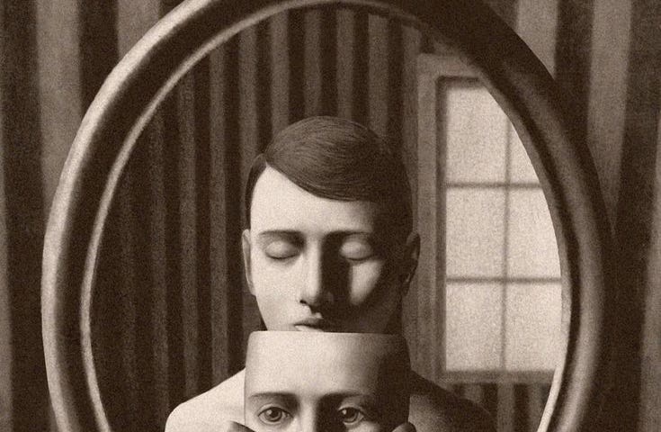Image looking in to the mirror with a man appearing to peel off his face