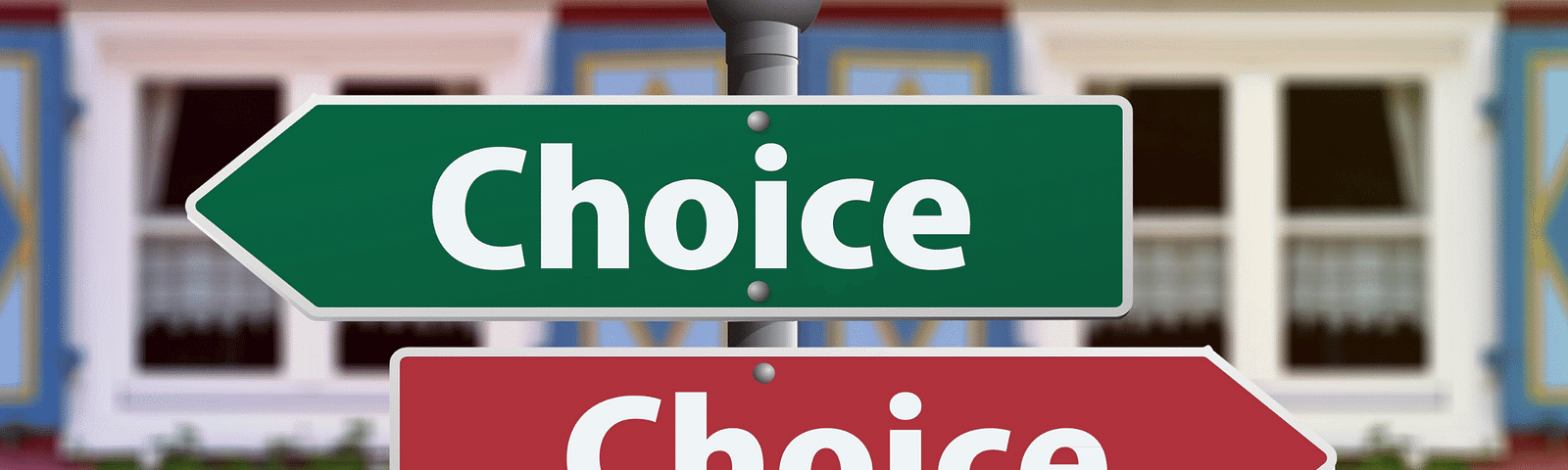 A sign post with two signs, both saying “choice”. One sign points left and the other points right.