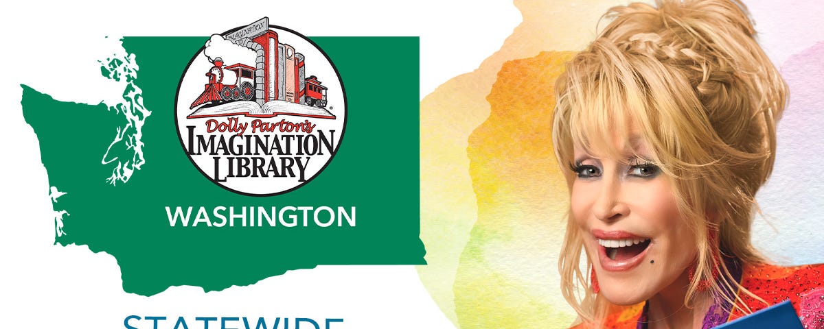 Image of Dolly Parton reading a book alongisde an outline of Washington state.