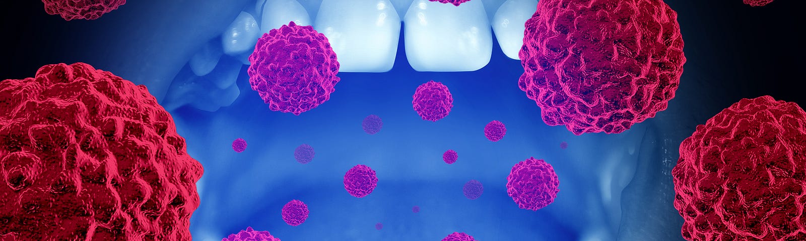 Cartoon red cancer cells explode out of a blue-tinged mouth.