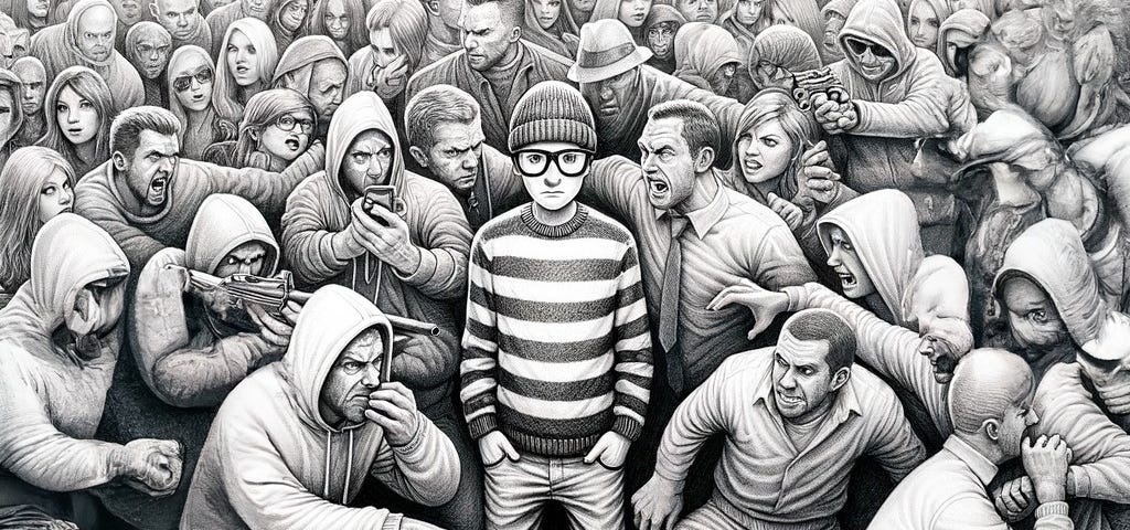 black and white image of man in striped shirt and glasses surrounded by a group of threatening looking people