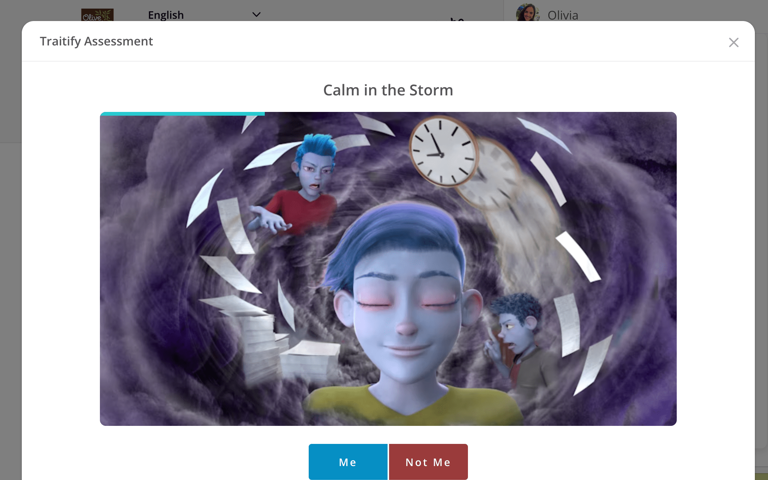 Personality test found in a job application that includes a photo of a blue person looking calm, labeled “calm in the storm”. Below, two buttons read “me” and “not me”.