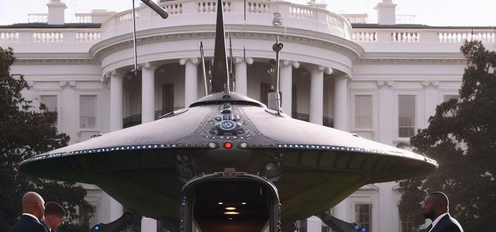 Photo of UFO on the lawn of the U.S. White House. Humor. Aliens. Extraterrestrials. Space travel. War. Planet. Earth.