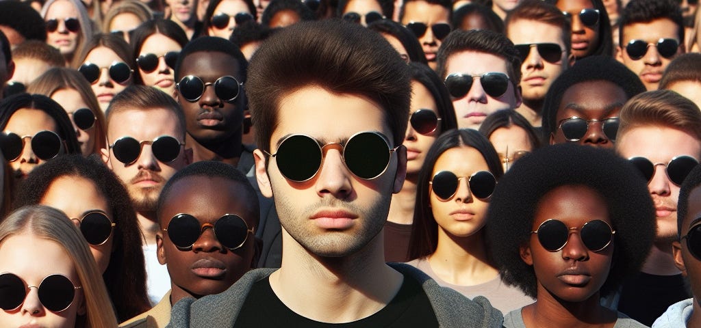 mixed race crowd all wearing dark sunglasses; concept of people can’t see each other’s race; race neutrality