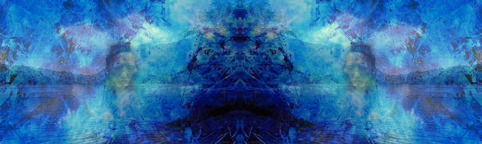 Photo all in blue. Three layers; 1. background paisley coastline, 2. old Chinese man in contemplative awareness on both sides of the image and 3. an abstract layer which looks like an ancient animal face. The layers represent our wishful thinking and blue is for the abundance oflife.