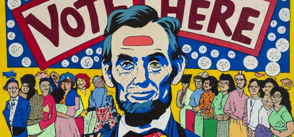 Punk style President Lincoln with voters lined behind him.