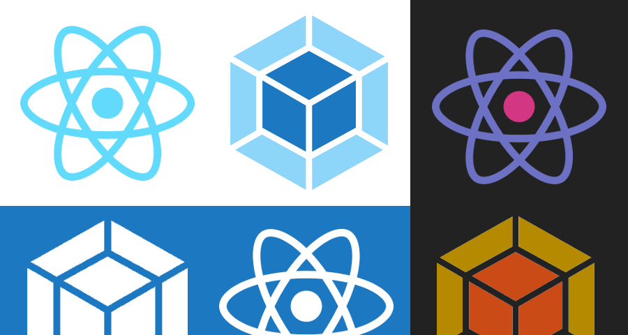 Multiple React and Webpack logos in varying colors on various unifor backgrounds
