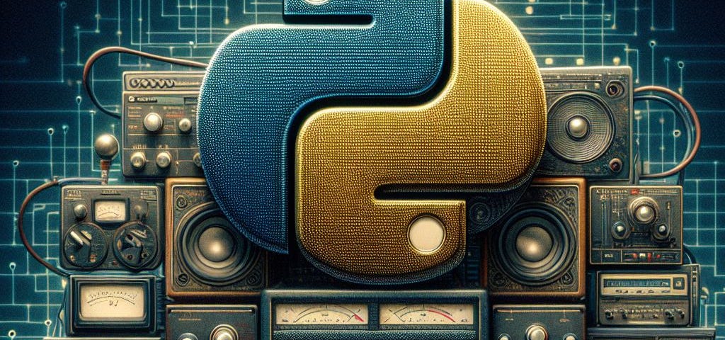 A python programming logo made of analog stereo equipment