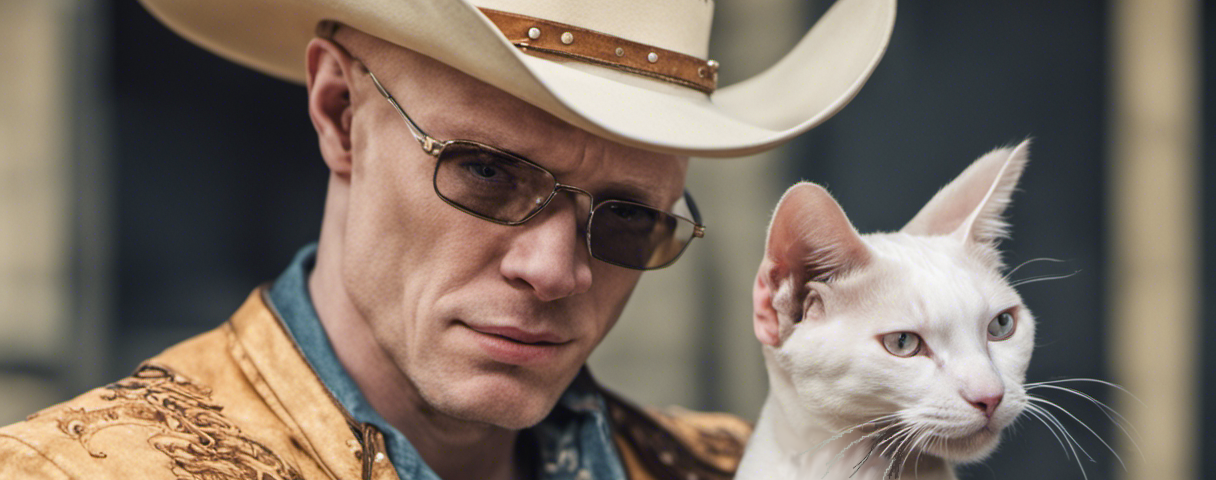 Angry-looking cowboy holding a cat