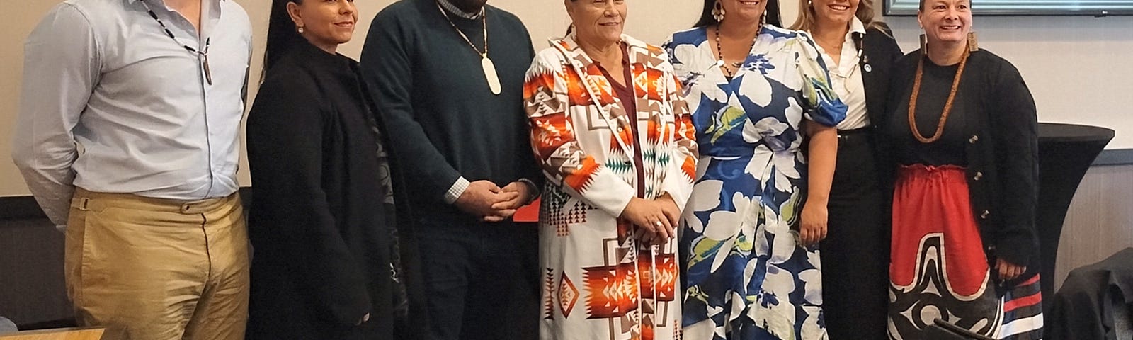 From left to right: Australian First Nation leaders Caleb Adams, Chantal McMahon, and James Blackwell, Tulalip Tribe Board of Directors Chair Teri Gobin, Australian First Nations leaders Taliah Payne, Renee Cremer, and Tulalip Tribe Board of Directors Secretary Teresa Sheldon