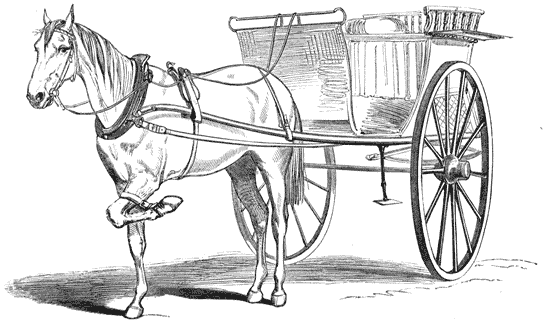 Drawing of a horse bridled to a simple cart.