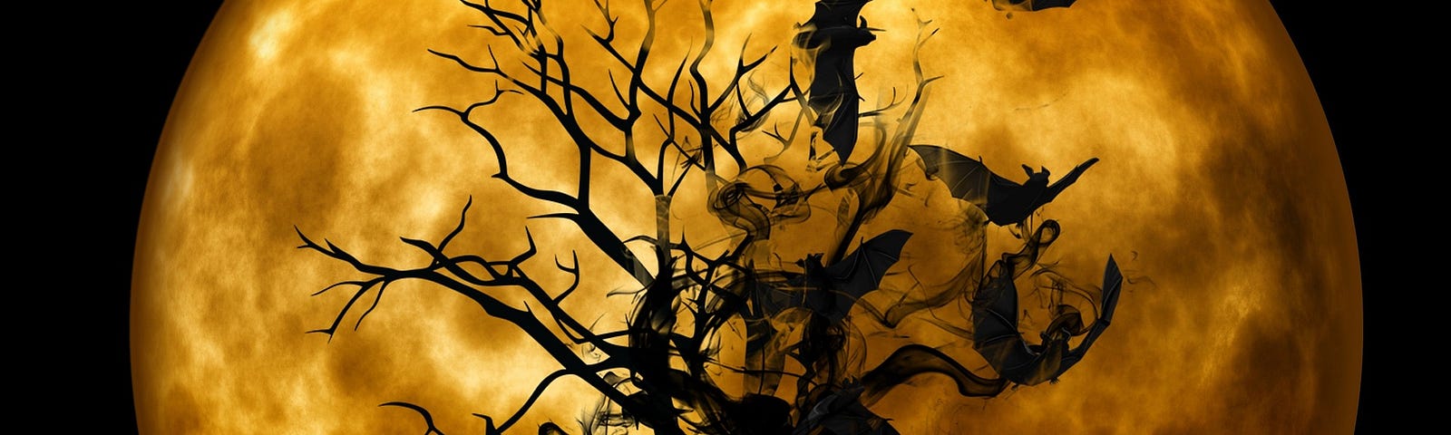 A tree with bats flying from it, in front of an orange moon