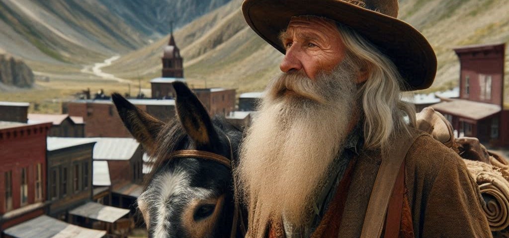 An old prospector with a long gray beard and his mule approach an old mountainous mining town.