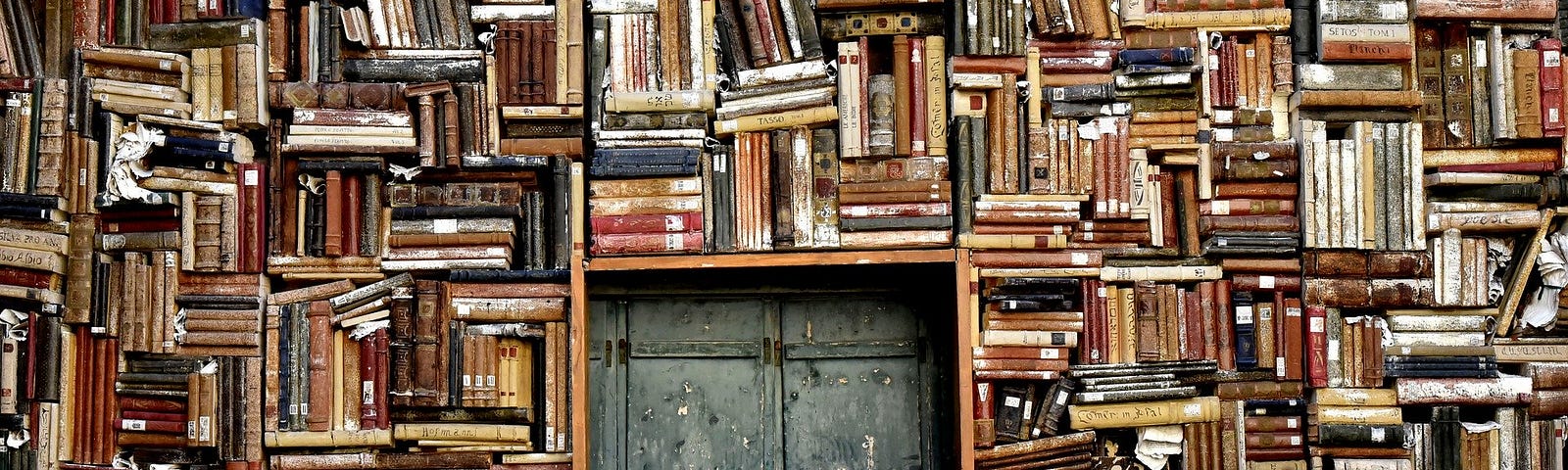 A decrepit blue door is surrounded by a wall of used books.