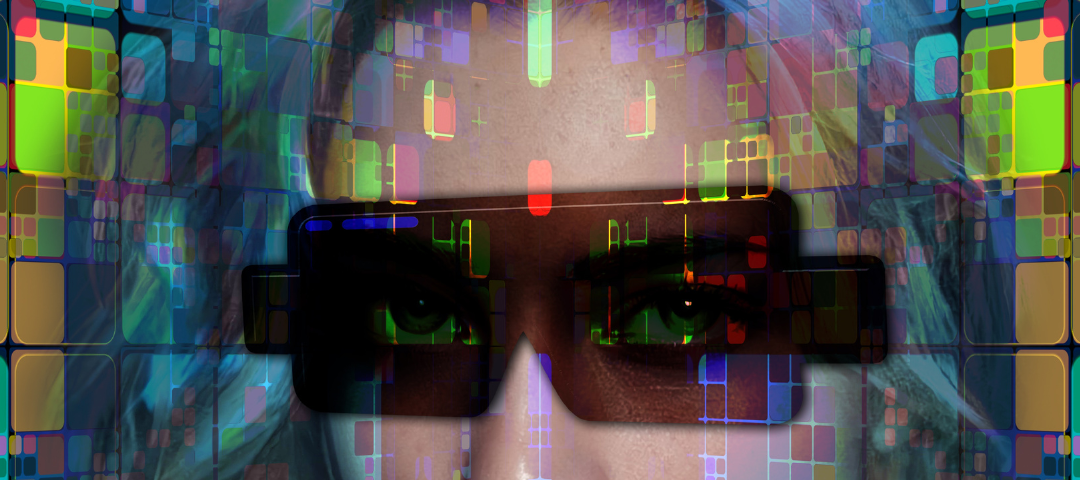 A female avatar wearing virtual reality glasses surrounded by multi-colored pixels.