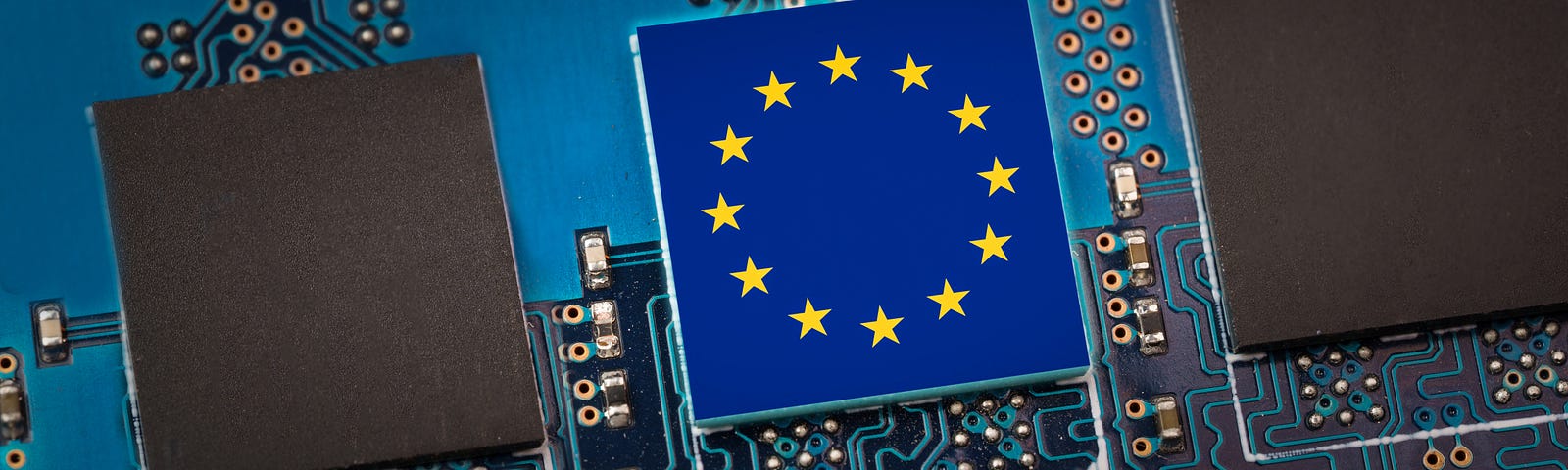 A circuit board with an EU flag over one of the panels, signifying connectivity with and within Europe