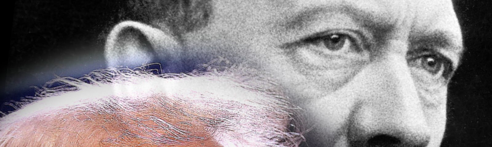 A black and white photo of Hitler’s face overlaid by a color image of Trump’s face