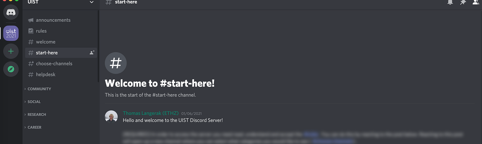 A screenshot of the #start-here channel on the UIST Discord server, with a brief welcome message.